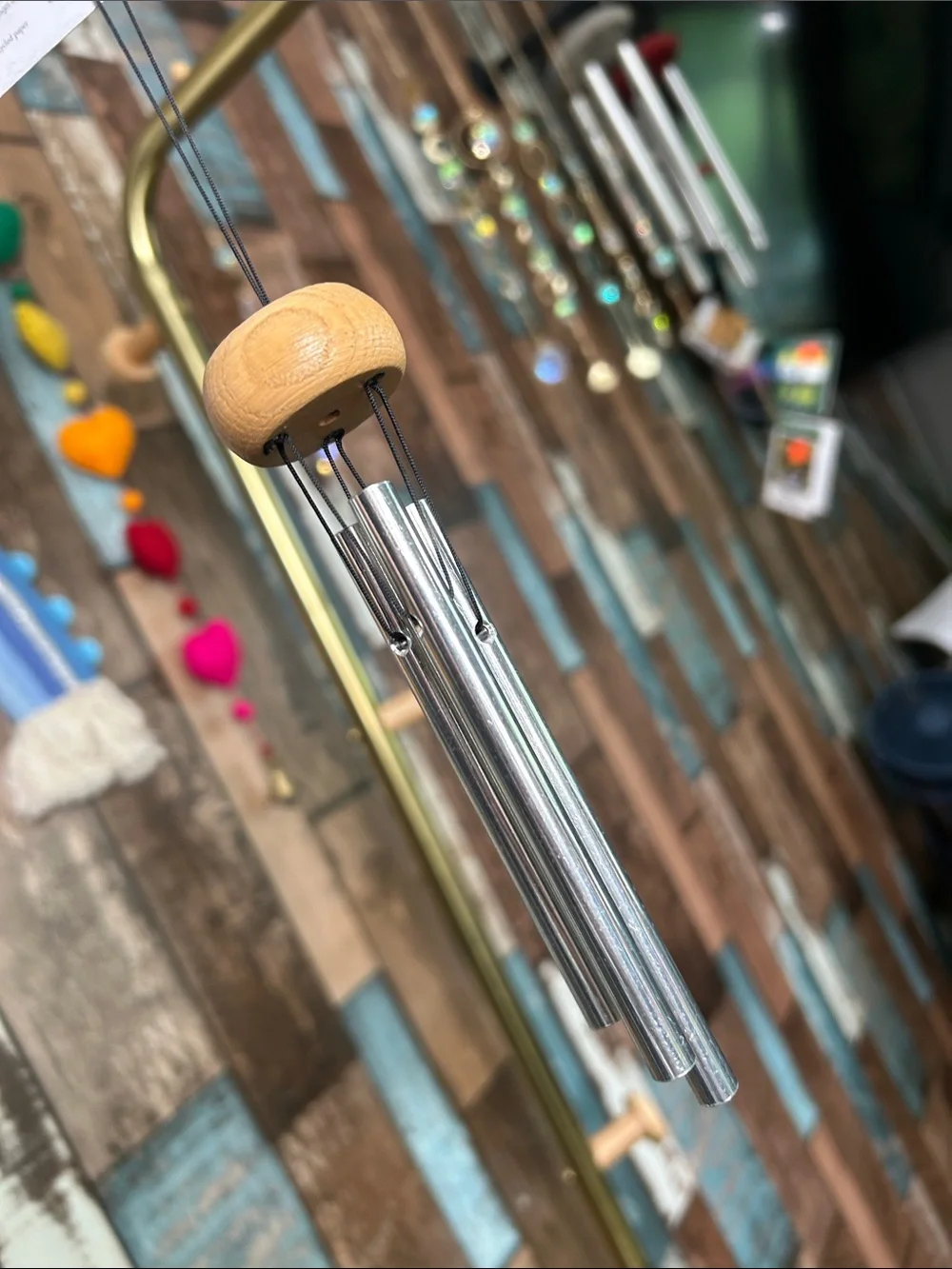 Mini Wind Chime with Natural Wood Top - Silver Tubes